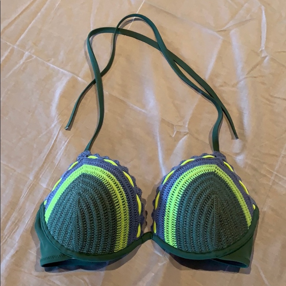 Army green, yellow, and purple bikini top.